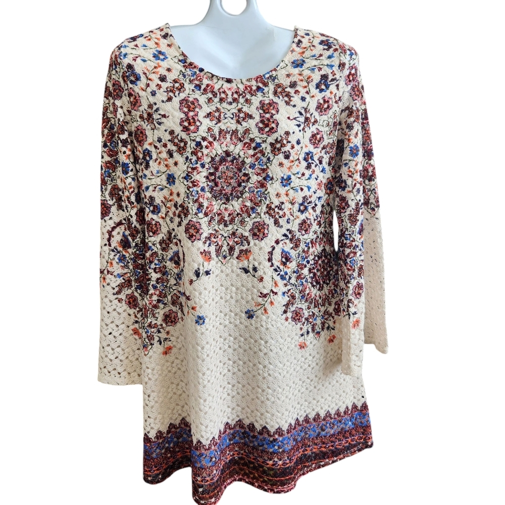 70's Inspired Floral Crochet Fit & Flare Bell Sleeve Festival Dress BohoChic M